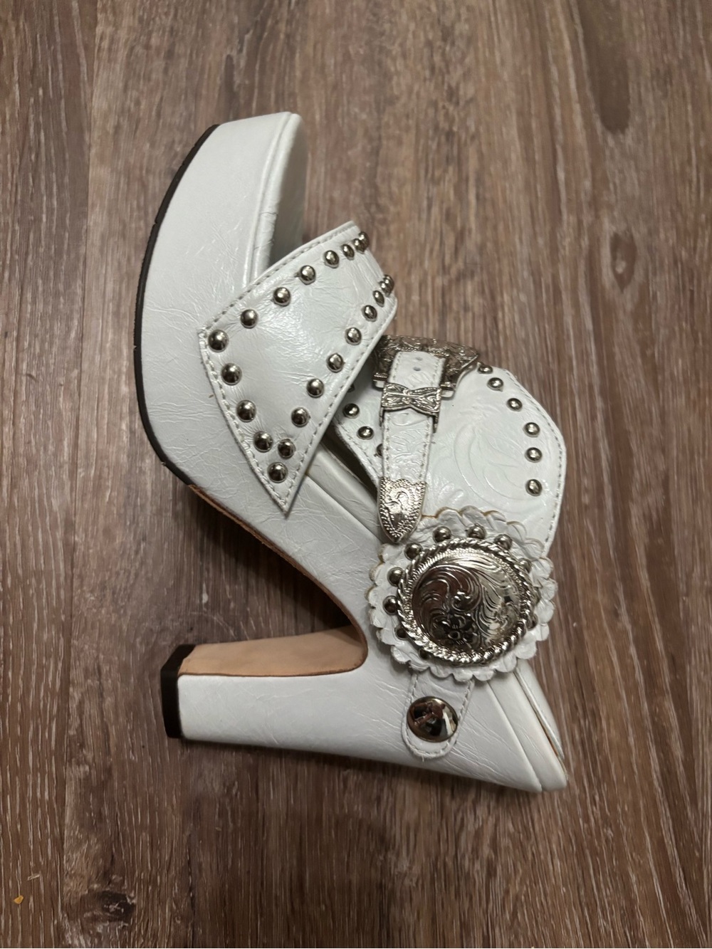 White Studded Platform Mule with Western Concho Accent